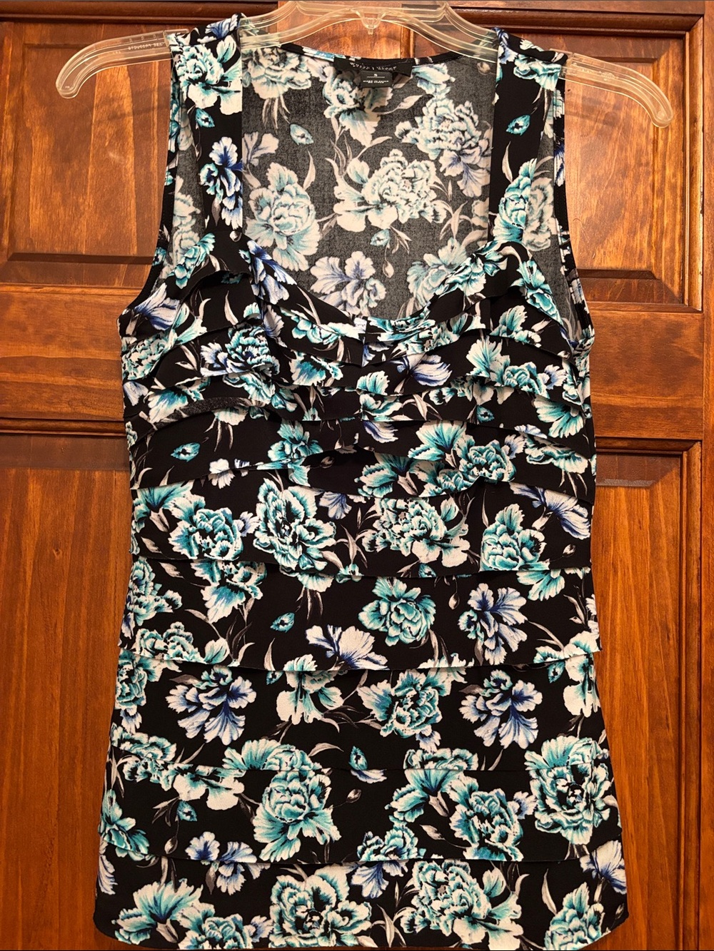 White House Black Market Black Floral Tank with Teal & White Blooms